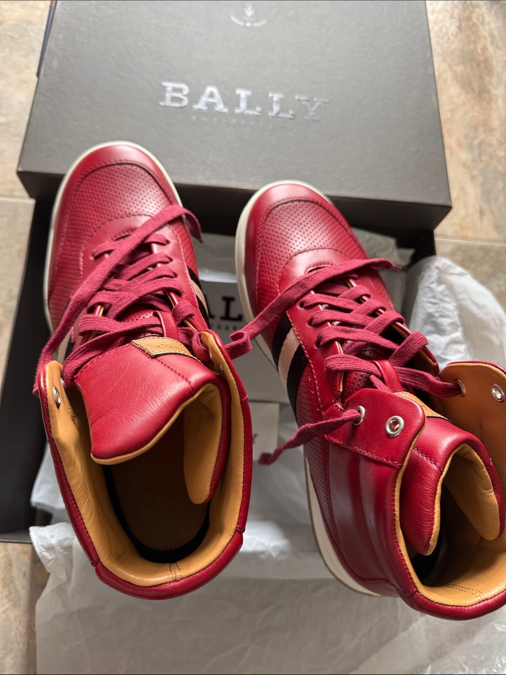 Bally Red High-Top Leather Sneakers with Tan Lining